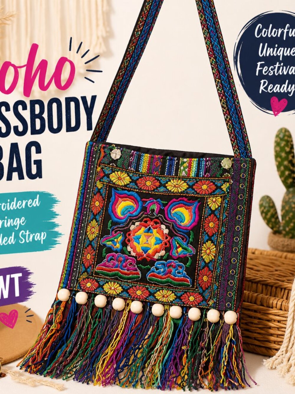 Boho Embroidered Crossbody Bag Fringe Beaded Strap Colorful NWT Festival